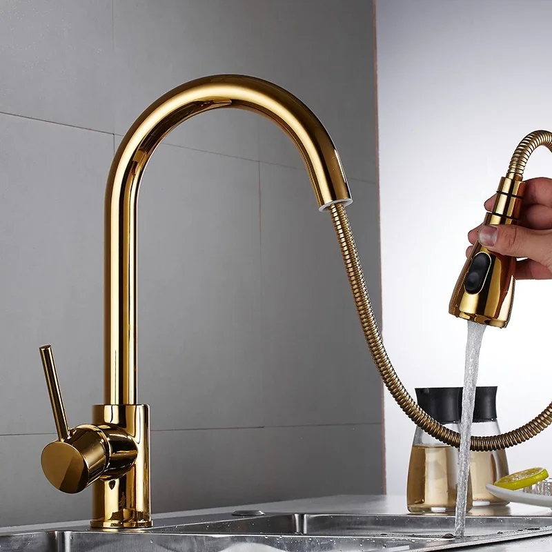 Golden Kitchen Sink Mixer Pullout