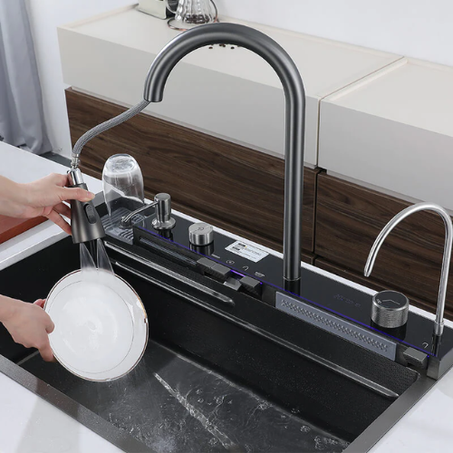 75x46 Black Handmade Luxury Kitchen Sink with Digital Display and Waterfall Design