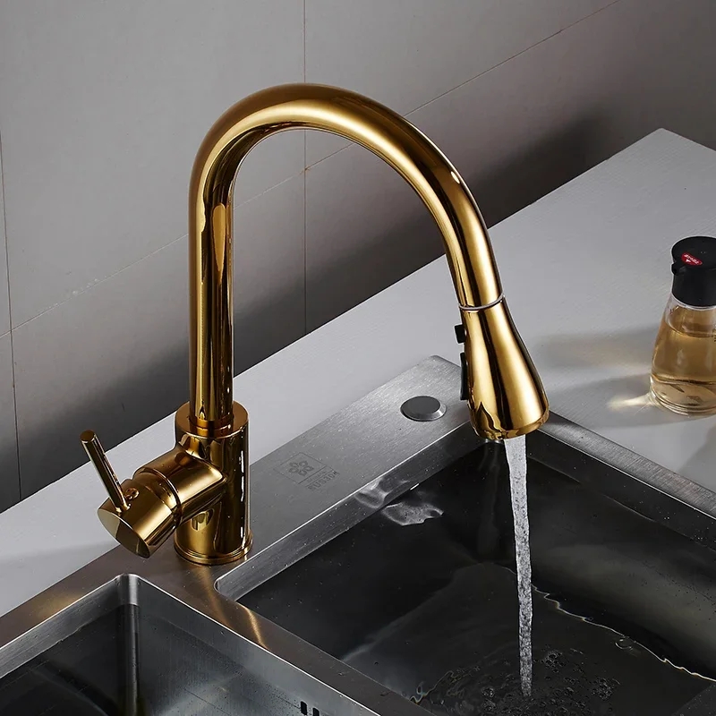 Golden Kitchen Sink Mixer Pullout