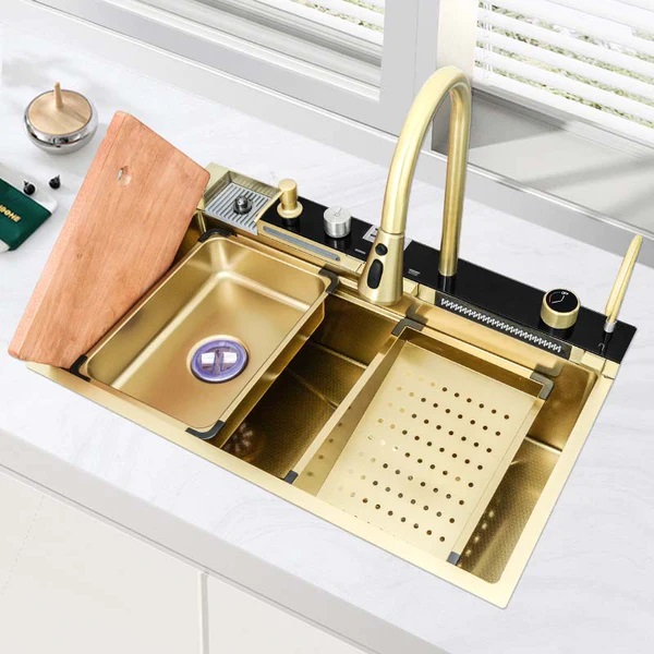 75x46 Golden Handmade Luxury Kitchen Sink with Digital Display and Waterfall Design