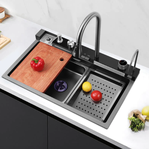 75x46 Black Handmade Luxury Kitchen Sink with Digital Display and Waterfall Design